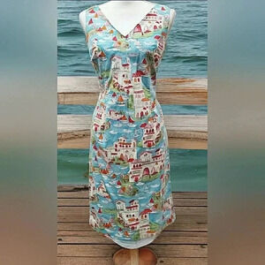 Vintage Y2K Sundress Novelty Seaside Cotton Coastal Boats Ocean Cruise Resort